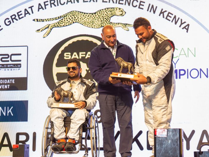 Sam Jethwa a paraplegic Rally Driver and his navigator celebrate their finishing of the 2019 Safari Rally