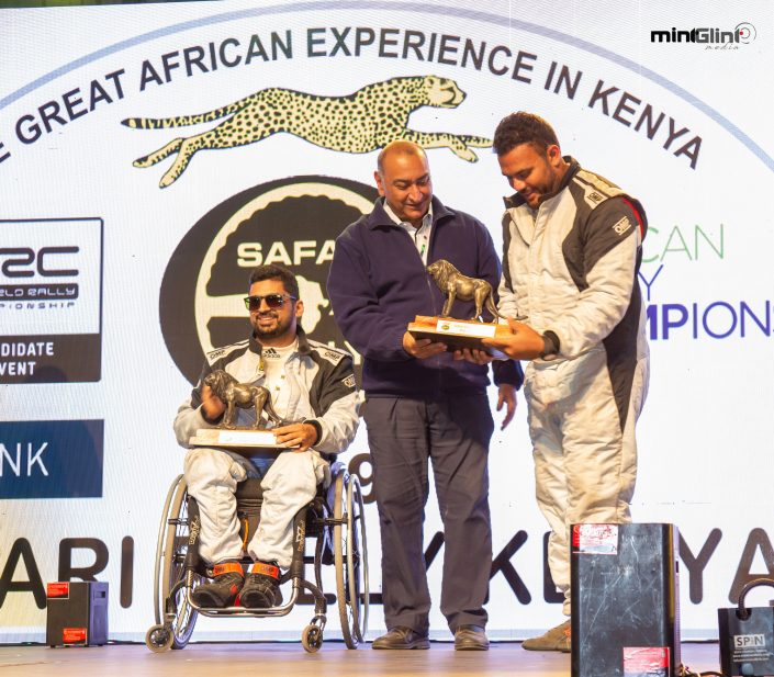 Sam Jethwa a paraplegic Rally Driver and his navigator celebrate their finishing of the 2019 Safari Rally