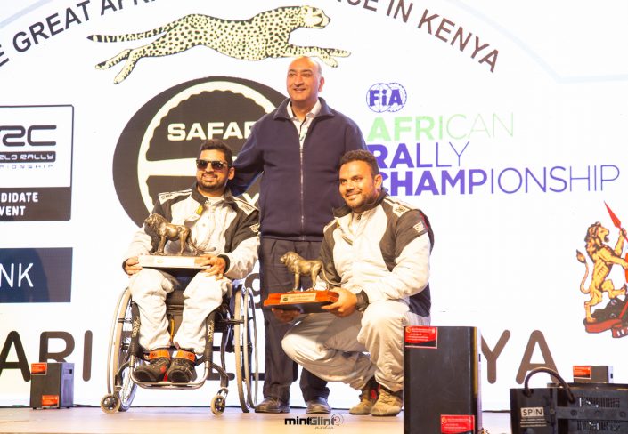 Sam Jethwa a paraplegic Rally Driver and his navigator celebrate their finishing of the 2019 Safari Rally