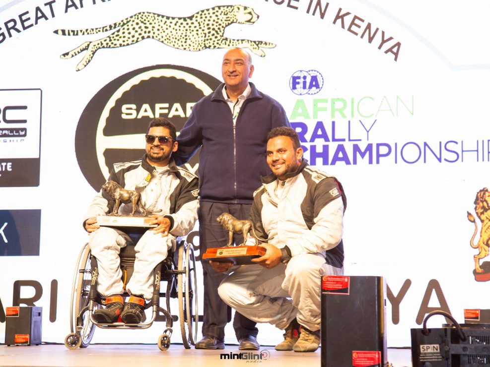 Sam Jethwa a paraplegic Rally Driver and his navigator celebrate their finishing of the 2019 Safari Rally