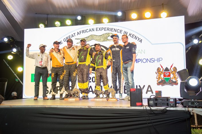 Baldev Chager and his navigator Ravi Soni alongside the first and second runners-up celebrate their win of 2019 Safari Rally to the right is Oliver Ciesla - Managing Director - WRC Promoter GmbH and to the left is Phineas Kimathi the CEO of Safari Rally Project in Kenya.