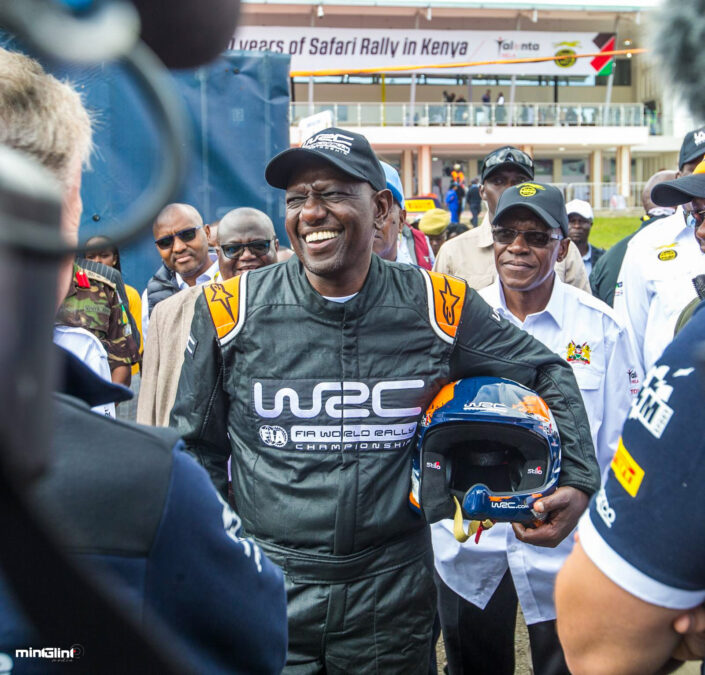 President of Kenya His Excellence Wiliam Ruto Rides in a Rally car as a co-driver at the 2023 WRC Safari Rally